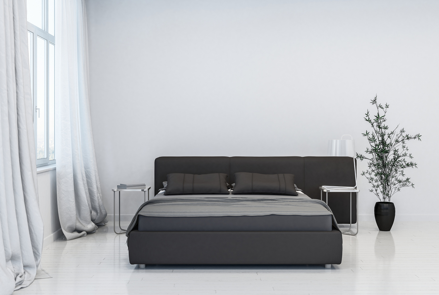 Contemporary Bedroom with Black Bed and Pot